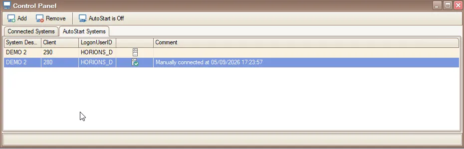 AutoStart Systems list with two saved connections and AutoStart switched off.
