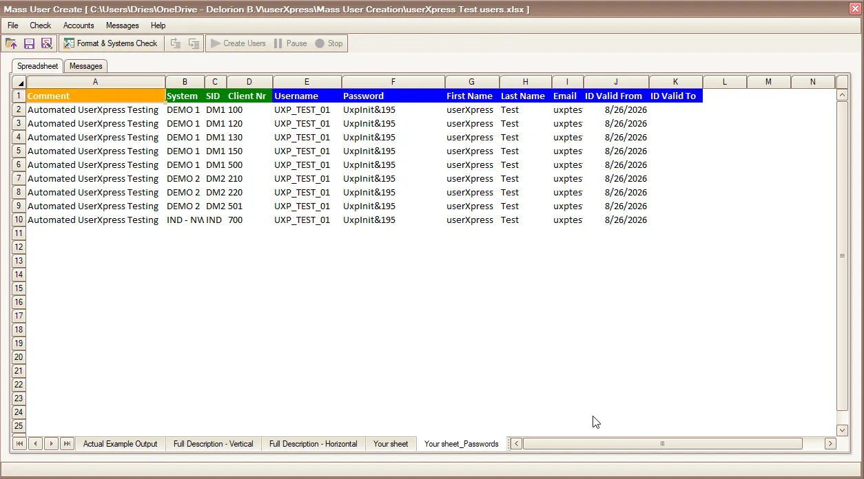 Mass User Create results worksheet with account rows.