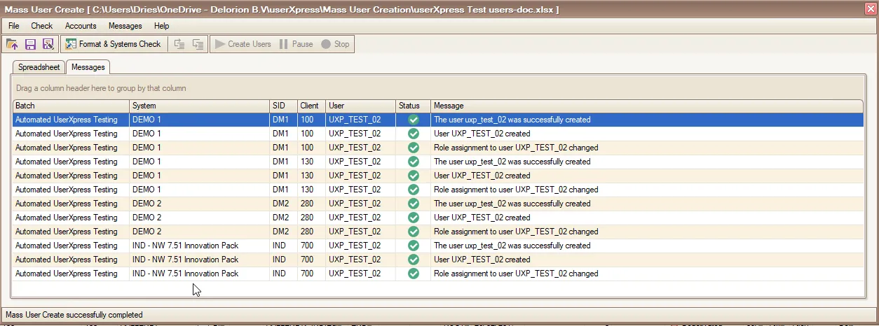 Mass User Create Messages tab showing account-creation and role-assignment results.