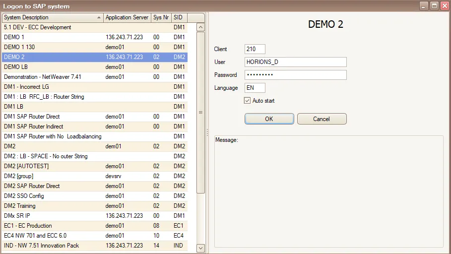 SAP logon dialog with client, user, masked password and Auto start controls.