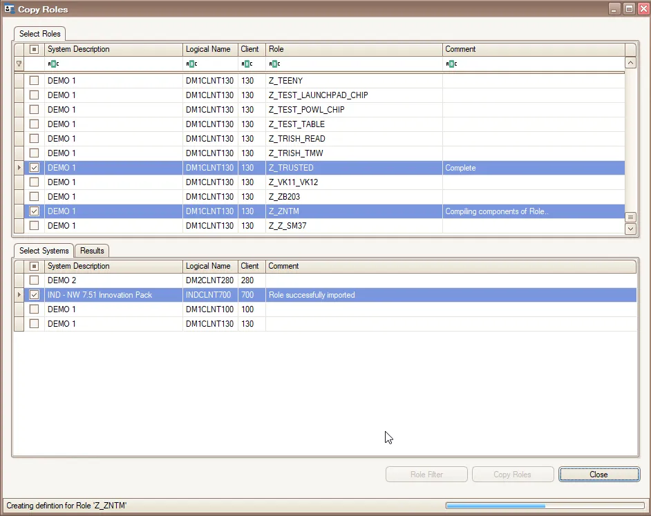Copy Roles window showing selected source roles, a destination client and copy progress.