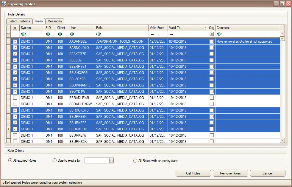 Expiring Roles with selected assignment rows, expiry criteria and removal controls.