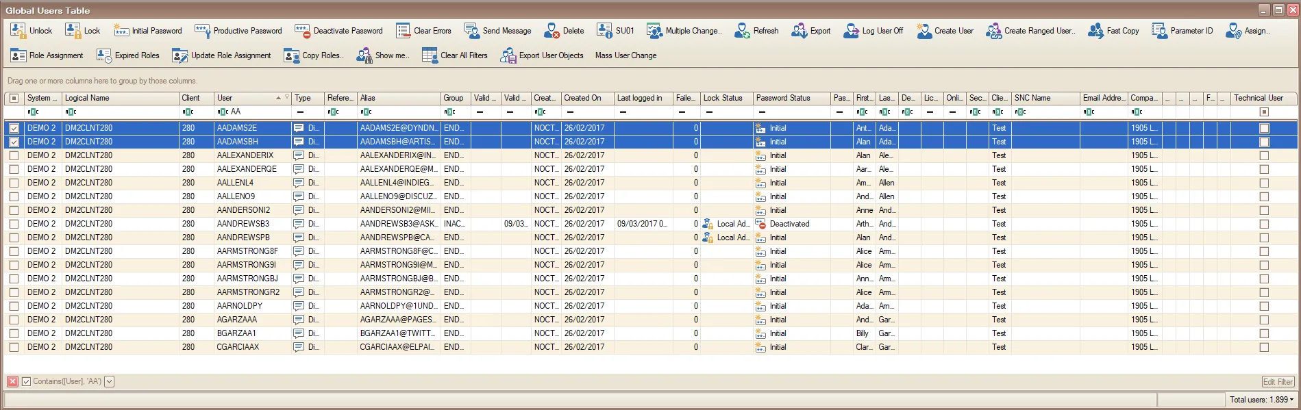Global User Table filtered by user ID with two account rows selected.