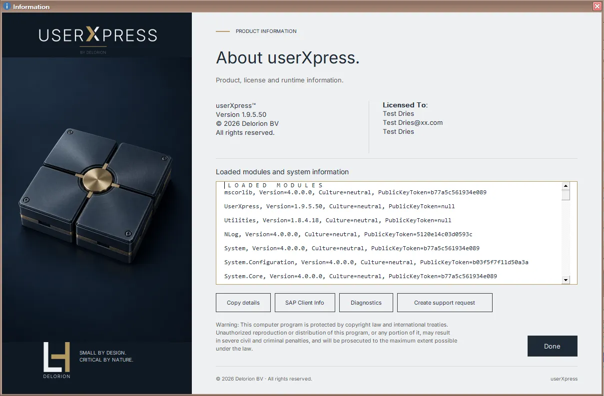 Information window with Diagnostics and Create support request buttons.