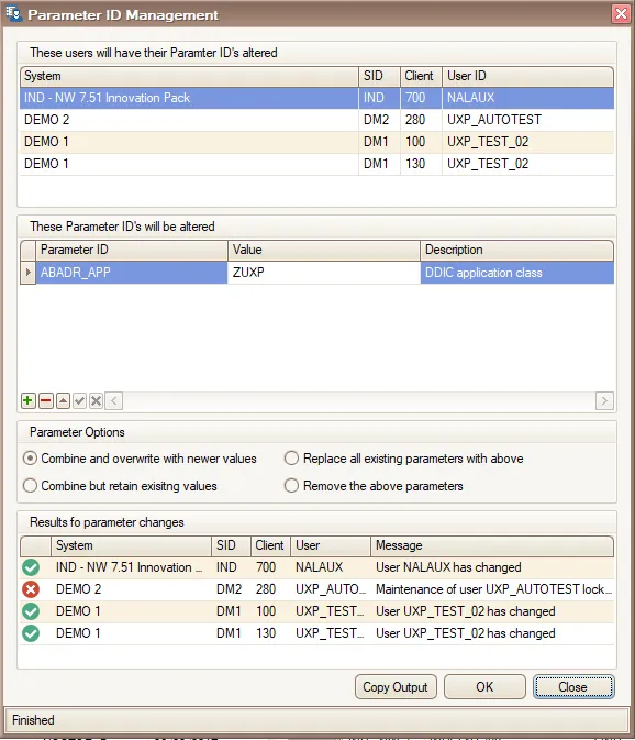 Parameter ID Management with four update modes and per-user results.