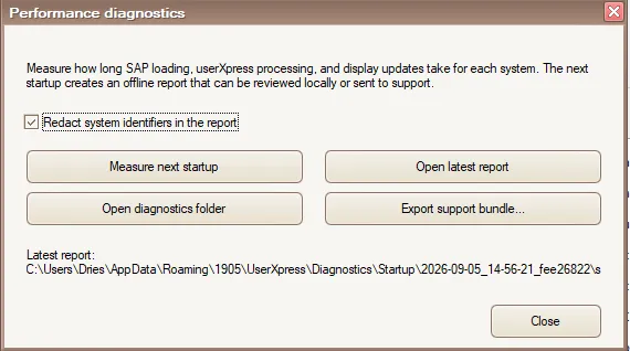 Performance diagnostics controls with system-identifier redaction selected.