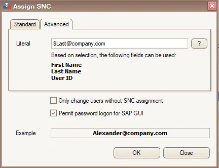 Advanced SNC assignment with a last-name expression and generated-name preview.