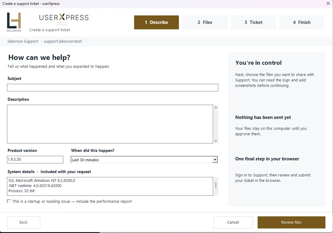 Support request Describe step with subject, description, incident time and optional performance-report selection.