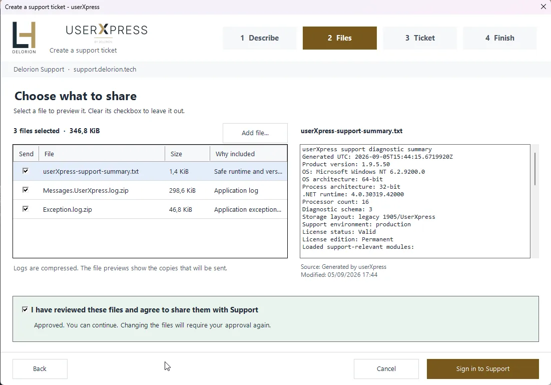 Support request Files step with selected attachments, a file preview and sharing approval.